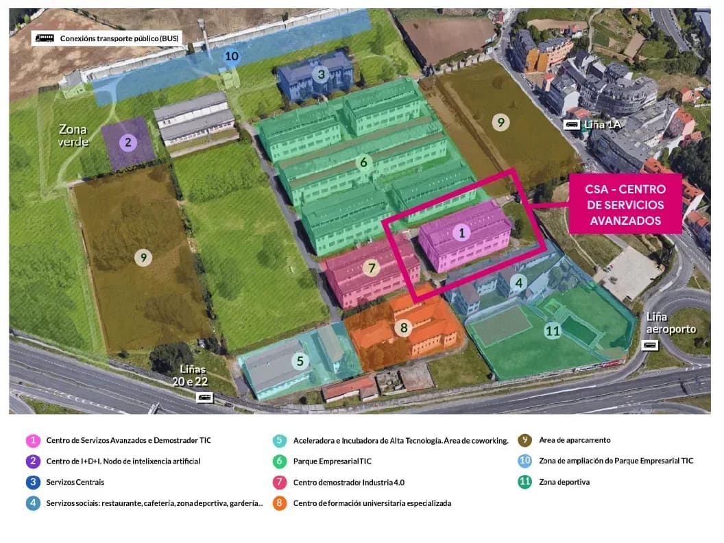 Mapa aéreo da Cidade das TIC co Centro de Servizos Avanzados destacado, as liñas de autobús e o resto de edificios do recinto.